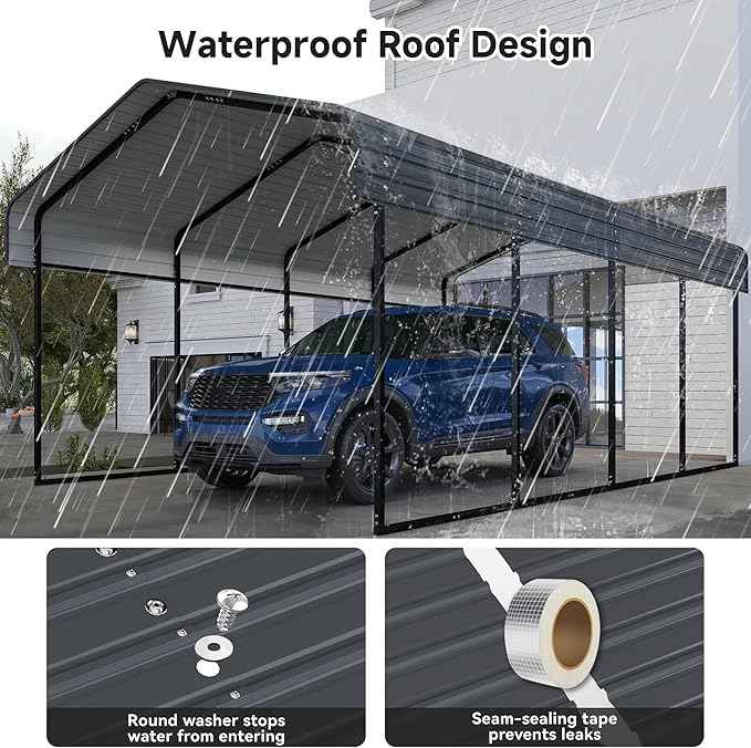 12x20 FT Metal Carport with Reinforced Base, Outdoor Heavy Duty Garage Car Shelter with Galvanized Steel Frame for Pickup, Boat, Car and Tractors, Party, Dark Gray