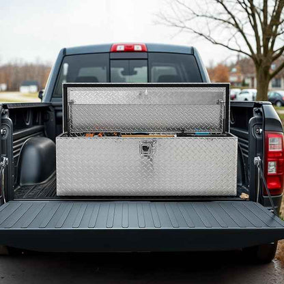 AUTOSAVER88 48 Inch Truck Bed Tool Box, Heavy Duty Aluminum Diamond Plate Tool Box Chest, Waterproof Chest Storage Box with Sliding Shelf and Lock for Trucks, Trailers, RVs, Warehouses