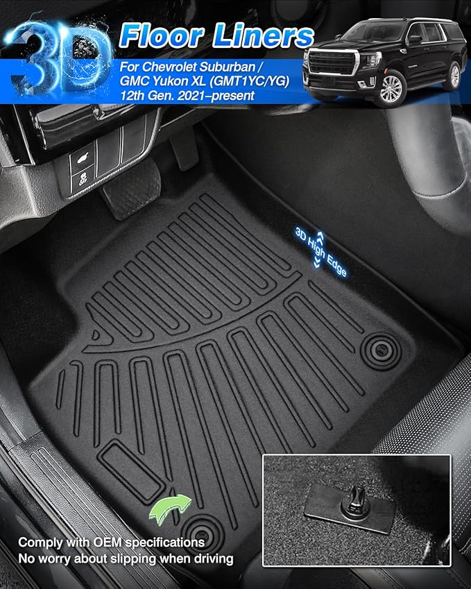 Floor Mats for Chevy Suburban & GMC Yukon XL 7 Seats 2021-2025 2026 All Weather Cargo Liner for Suburban Accessories Carpet TPE Heavy Duty Floor Mat (2nd Row Bucket Seats)