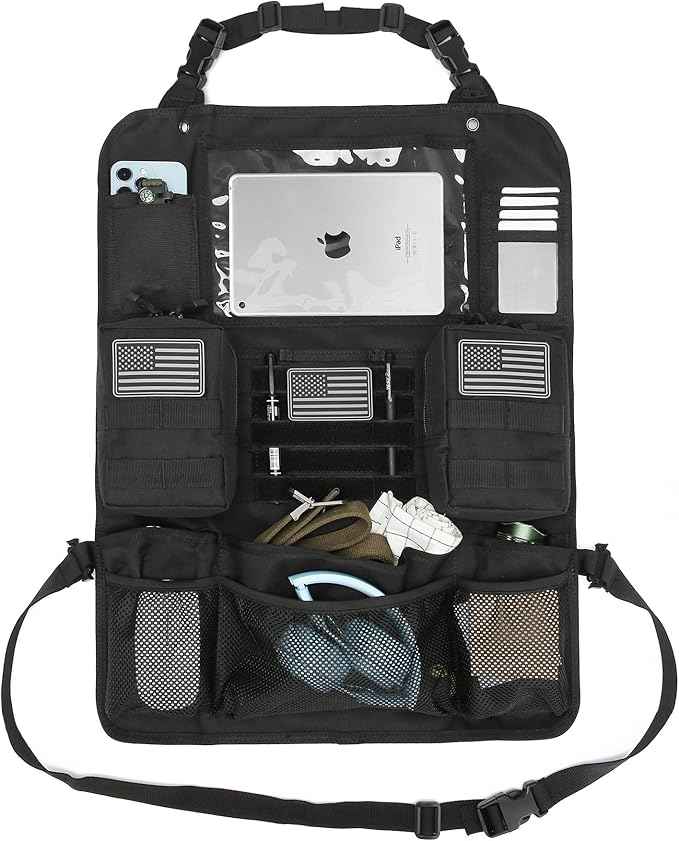 Tactical Car Seat Back Organizer Set Upgraded Tactical Molle Seatback Cover Protector Universal Fit Vehicles Truck MPV Pickup (Black with 2 Pouches)