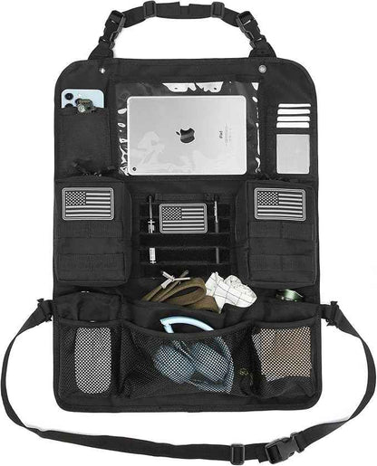 Tactical Car Seat Back Organizer Set Upgraded Tactical Molle Seatback Cover Protector Universal Fit Vehicles Truck MPV Pickup (Black with 2 Pouches)