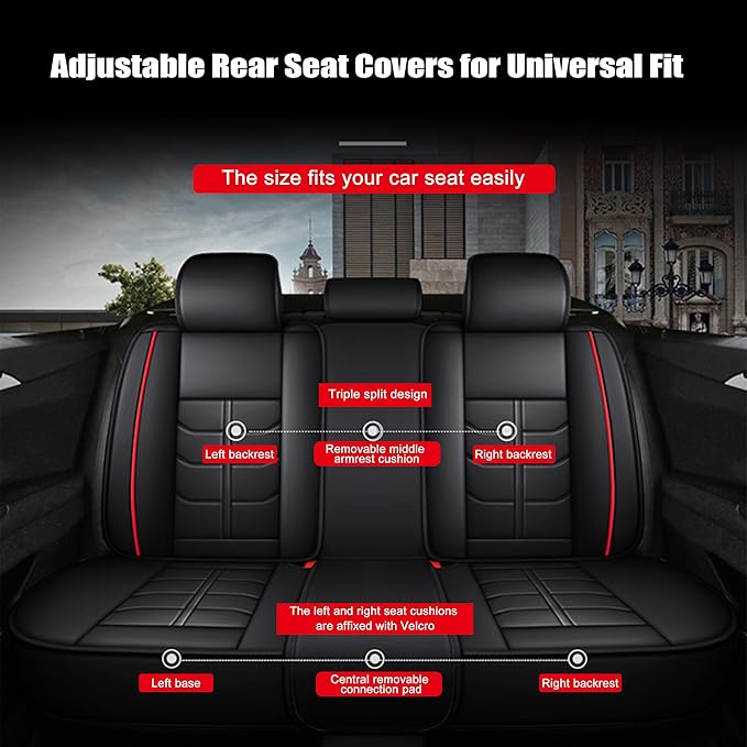Amooca Car Seat Covers Full Set Automotive Seat Protection Fit for Most Cars SUVs Front & Back Seats Waterproof Nappa Leather Car Seat Cushion Protector Black & Red