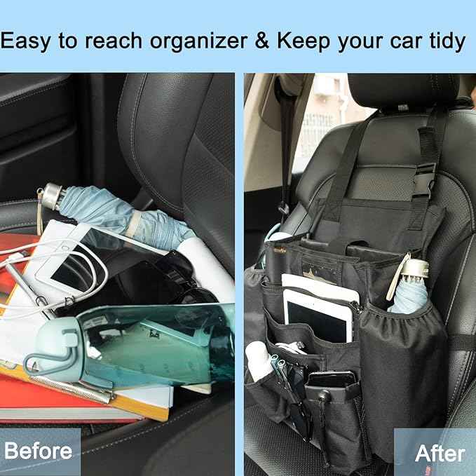 Car Front & Back Seat Organizer with Dedicated Tablet/Laptop Compartment, Passenger Seat File Storage with Cup Holder, Adjustable Backrest, and Padded Shoulder Strap