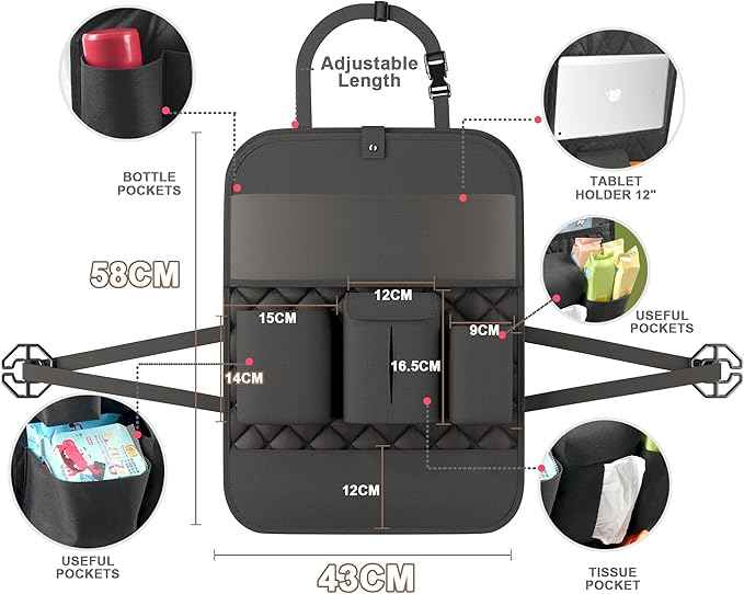Car Seat Organizers,Multi-functional Back Seat Protectors, Storage Pouches, Child kicking prevention and Tray Holders Kick Mats Back (for Cars, Kids,and Rear Seats) (Black, 1 Pack with Food Tray)