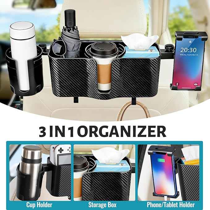 3-in-1 Car Back Seat Organizer Headrest Mount - Adjustable Storage Box with Cup Holder & Tablet Phone Holder for 5-13 Inch Devices, Fits Headrest Posts 0.6in Diameter & 4.2-5.7in Spacing
