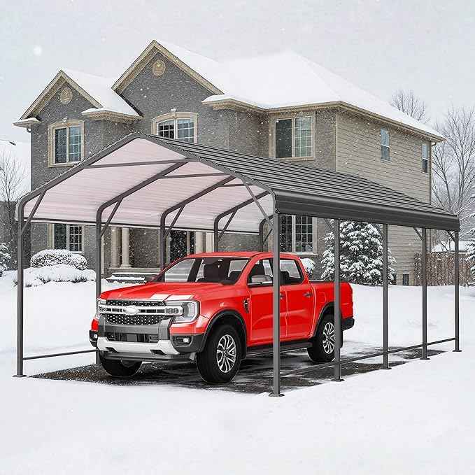 12x20FT Metal Carport, Heavy Duty Carport Canopy with Reinforced Frame and Base for All-Weather, Outdoor Garage Car Port for Pickup Trucks, Boats, Tractors or Party