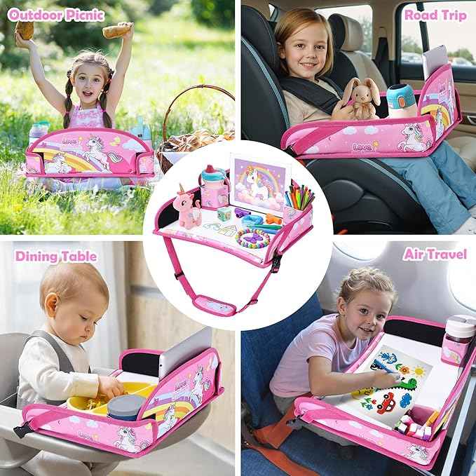 Kids Travel Tray for Toddler Carseat, Road Trip Activities Essentials for Toddler, Kids Lap Desk Tray with Tablet Holder Stand ＆ Dry Erase Board (Pink Unicorn)