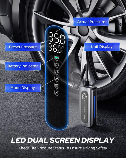 AUTOONE Tire Inflator Portable Air Compressor - 4X Faster 150PSI Cordless Air Pump with Digital Tire Pressure Gauge, 12V Car Power Adapter - For Car, Motorcycle, Bike, Ball and More