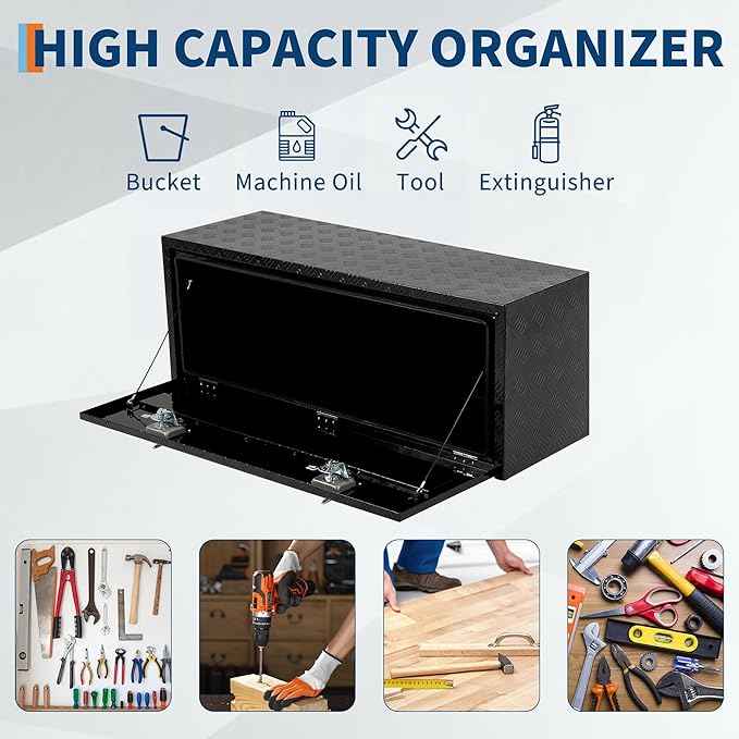Heavy Duty Aluminum Truck Bed Tool Box,Diamond Plate Waterproof Underbody Toolbox with Sliding Shelf, Lock & Keys, Side Handle, Storage Organizer Chest for Pickup Truck, RV Trailer, Cargo Vehicles