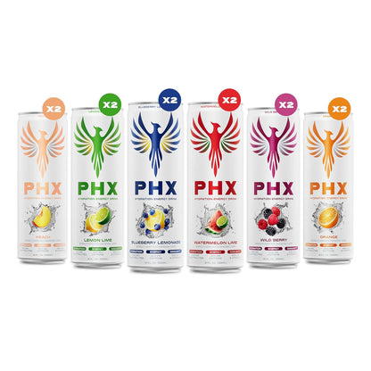 PHX Hydration Energy Drink - 700mg Electrolytes, 200mg Natural Green Tea Caffeine, 100% Daily Value 8 Essential Vitamins - 12 oz Cans (12 Pack) (12 Pack, Variety Pack)