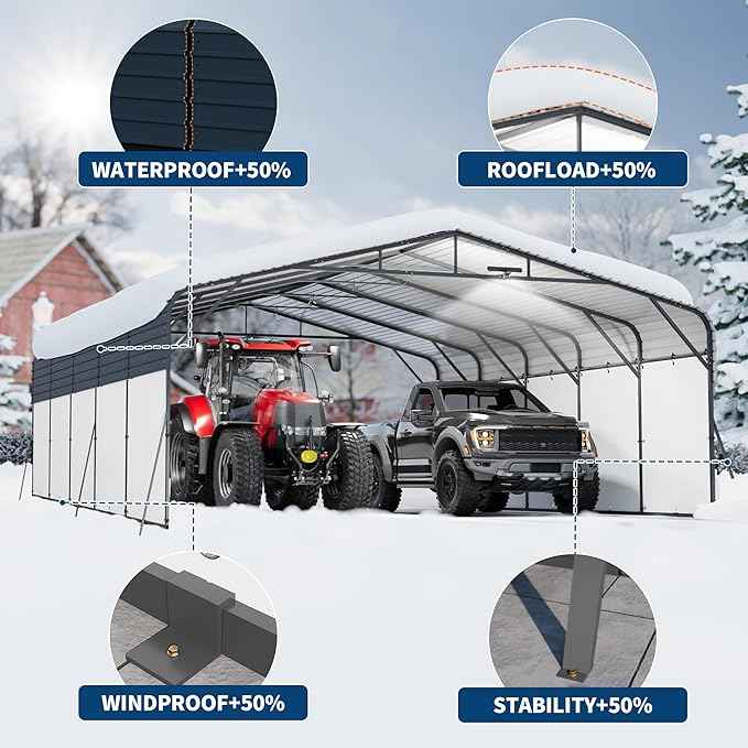20x25FT Metal Carport w/Led Light,Outdoor Portable Car Garage,Removable PE Sidewalls,Reinforced Base & Galvanized Steel Roof, Outdoor Car Port Canopy Shelter for Boats, Trucks