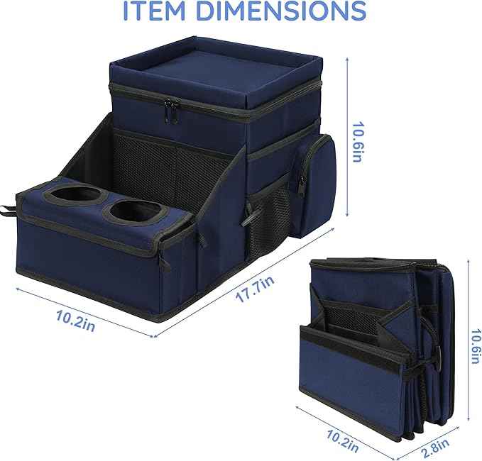 Car Organizer for Front Seat Organizer and Storage, Collapsible Car Caddy, Passenger Seat Organizer with Partitions & Cup Holders, Car Organization for kids and Adults (Blue)