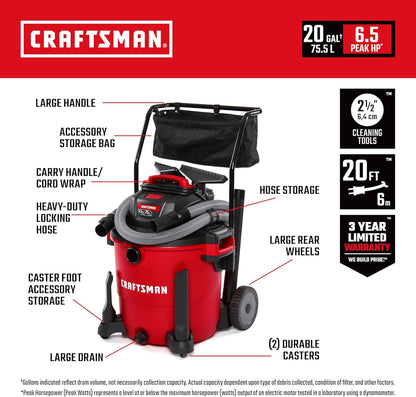 CRAFTSMAN CMXEVBE17656 20 Gallon 6.5 Peak HP Wet Dry Vac with Cart, Heavy-Duty Shop Vacuum Wet and Dry with Fine Dust Filter, Dust Bag, Hose and Attachments for Shop, Garage, Jobsite Cleaning