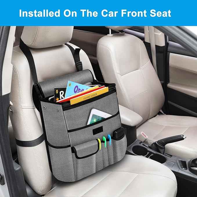 Car Front Seat Organizer| Efficient Car Organizers and Storage | Laptop,Tablet Pockets, Adjustable Straps,Kid-Friendly, Multi-Pocket, Cup Holders, Sturdy and Durable, Grey