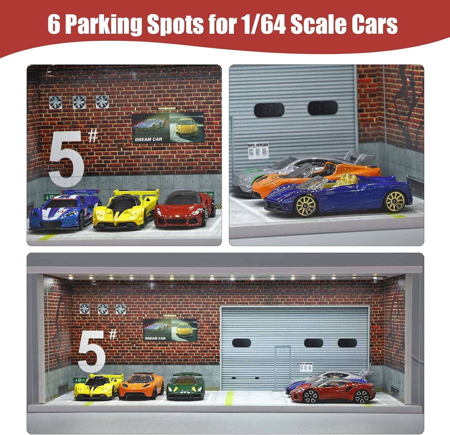 Display Case for Hot Wheels: Stackable Parking Garage for 1/64 Scale Matchbox Toy Car, FoamBoard Storage for Monster Trucks with LED Light and Acrylic Cover, Repair Store
