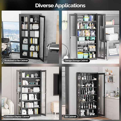 VINGLI Lockable Display Cabinet with Glass Doors & 5 Adjustable Shelves, 71" Tall Black Metal Storage Cabinet Curio Liquor, Bookshelf Bookcase for Home Office Living Room Pantry Garage