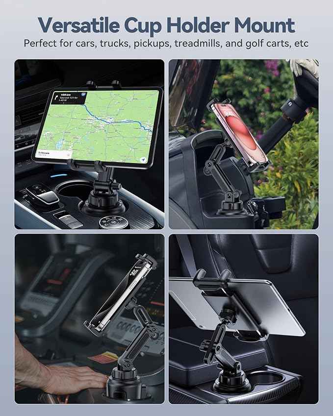 Cup Holder Tablet Mount for Car, Universal iPad Cup Holder Mount for Truck with Adjustable Arm for iPad Pro 12.9/11/10.5/9.7/Air/Mini, iPhone, Samsung Galaxy Tab/Z Fold 4/3, 4.7-13" Tablets
