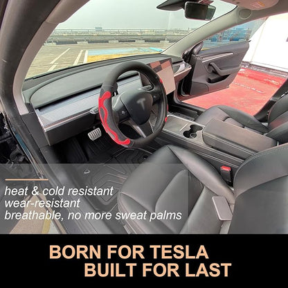 PINCTROT Comfy Grip Steering Wheel Cover for Tesla Model Y/3 2016-2025 2026 Standard/Highland/Juniper, D Shaped 14 Inch Small Sized, Flat Bottom with 3D Honeycomb Anti-Slip Design (Comfy Grip Red)