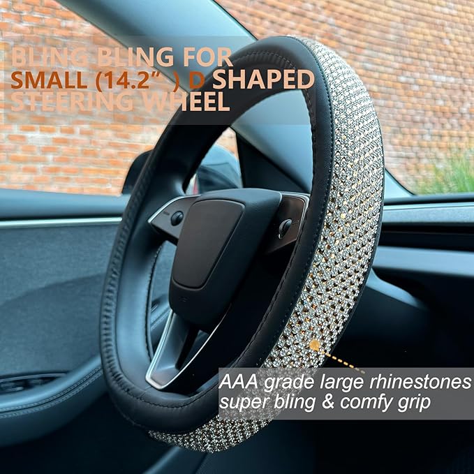 PINCTROT Bling Comfy Steering Wheel Cover for Tesla Model Y/3 Highland/Juniper, D Shaped 14 Inch Small Sized with Jumbo Crystal Rhinestones, Flat Bottom with Anti-Slip Diamond Leather (Gold)