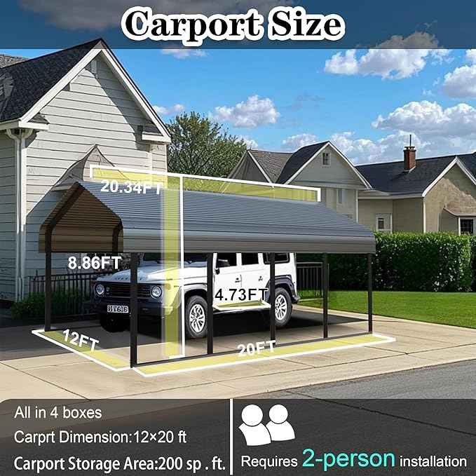 12x20 FT Carport Heavy Duty -Metal Carports for 1 Car All Weather,Garage Kit with Reinforced Frame, Steel Car Canopy Shelter for Outdoor Vehicle Protection