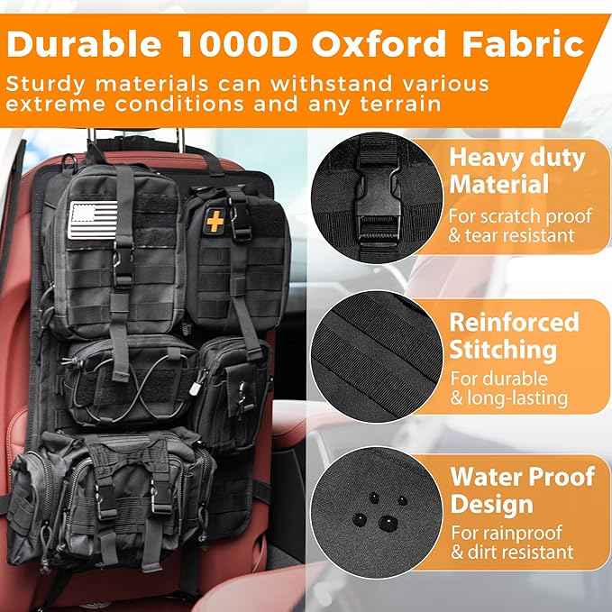 Tactical Seat Back Organizer, Molle Car Seat Organizer Panel with 5 Detachable Molle Pouch for Car Truck Ford Jeep Vehicle, Military Grade Storage Panel Backseat Protector for Man, Black