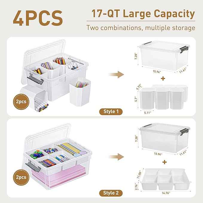 Citylife 17 QT Plastic Storage Box with Removable Tray and 6 Detachable Tall Inserts Craft Organizers and Storage Clear Storage Container for Organizing Crayon, Craft, Sewing, Playdoh, 4 Packs