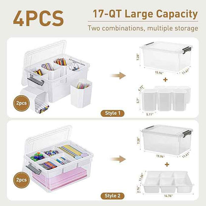 Citylife 17 QT Plastic Storage Box with Removable Tray and 6 Detachable Tall Inserts Craft Organizers and Storage Clear Storage Container for Organizing Crayon, Craft, Sewing, Playdoh, 4 Packs