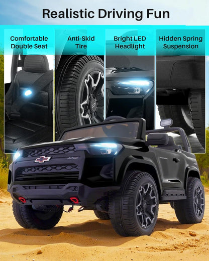 Joywhale 24V Ride on Truck 4WD Kids Electric Vehicle Licensed Chevorlet Ride on car with 7AH Big Battery, 320W Powerful Motors, 2 Seats, Music, 4 Wheel Suspension, 2 Speeds, LED Lights,Black