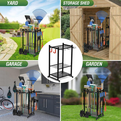 Garden Tool Organizer Rack Up to 50 Tools, Heavy-Duty Steel Yard Tool Organizer for Garage Storage with 11 Hooks, Broom Holder & Garden Tool Rack for Shed, Patio, Outdoor Use, Black