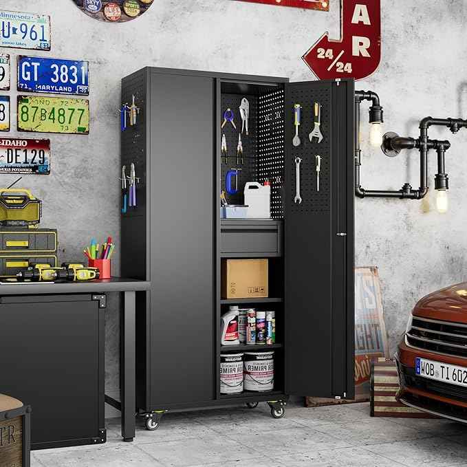 Aobabo Garage Storage Cabinet with Wheels, Metal Tool Storage Cabinet with 1 Drawer for Home,Assembly Required,Black