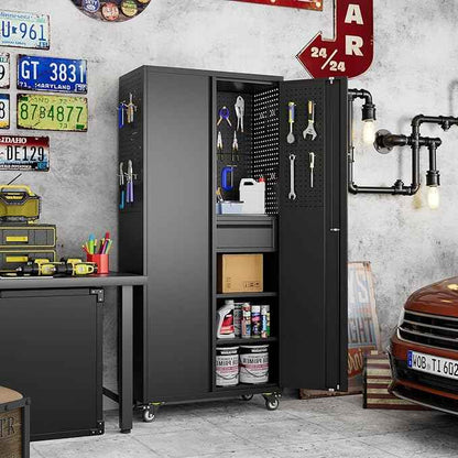 Aobabo Garage Storage Cabinet with Wheels, Metal Tool Storage Cabinet with 1 Drawer for Home,Assembly Required,Black