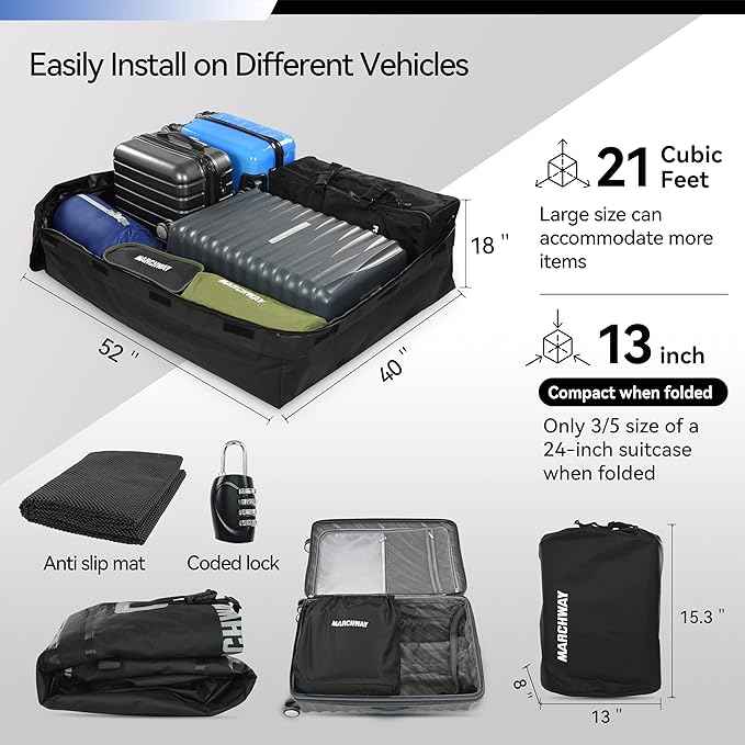 MARCHWAY Waterproof Car Roof Luggage Bag, Weatherproof Soft Shell Rooftop Cargo Carrier Bag for Vehicles with or Without Rack. 6 Door Hooks, Anti Slip Mat, Lock Included (21 Cubic Feet, Blue)