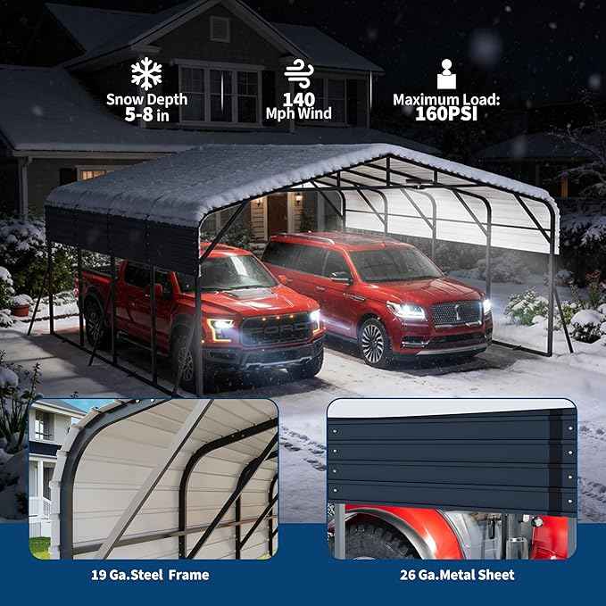 20x20FT Heavy Duty Metal Carport w/Led Light,Outdoor Portable Car Garage,Reinforced Base & Galvanized Steel Roof, Outdoor Car Port Canopy Shelter for Boats, Full-Sized Pickup Trucks
