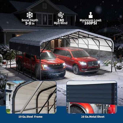 20x20FT Heavy Duty Metal Carport w/Led Light,Outdoor Portable Car Garage,Reinforced Base & Galvanized Steel Roof, Outdoor Car Port Canopy Shelter for Boats, Full-Sized Pickup Trucks