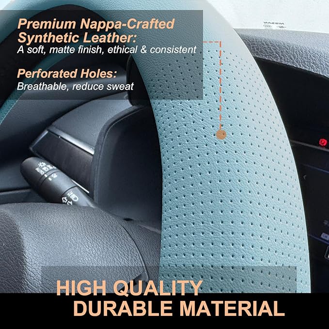 PINCTROT D Shaped Nappa Leather Steering Wheel Cover, Slim Fit No Bulk Design, One Piece Leather with Breathable Perforation, Fit Like Gloves, Flat Bottom 14.5-15 Inch(Nappa Aqua)