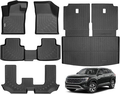 Custom Fit Floor Mats for Volkswagen Atlas 7 Seats 2018-2026, All Weather TPE Floor Liners with Trunk Mat & Backrest Protectors, Odorless Full Set Interior Accessories