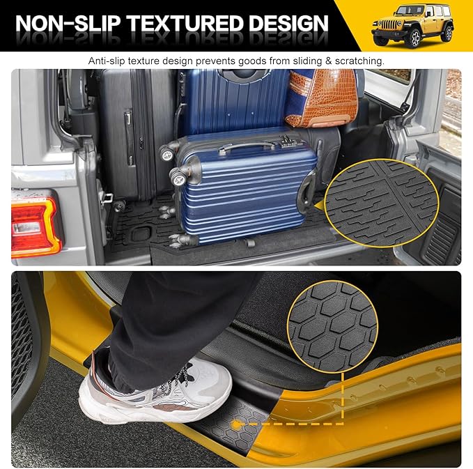 Cargo Mats with Door Sill Guards for 2021-2025 Jeep Wrangler JL Unlimited 4XE Accessories All Weather Rear Seat Back Cover Trunk Liner Door Sill Protector for JL JLU 4XE 4 Door(Not for 4X4)