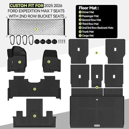 Tongama-Floor Mats for 2025 2026 Ford Expedition Max 7 Seats with 2nd Row Bucket Seats, All Weather TPE Trunk Mat and 2nd & 3rd Backrest Mats Protectors and Cargo Net for Ford Expedition Accessories
