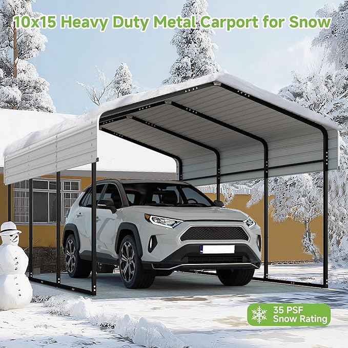 Real Relax 10x15FT Heavy Duty Metal Carport, Outdoor Carport Canopy with Galvanized Steel Roof and Reinforced Base for All-Weather, Garage Shelter Shade for Trucks, Boats, Party, Cream White