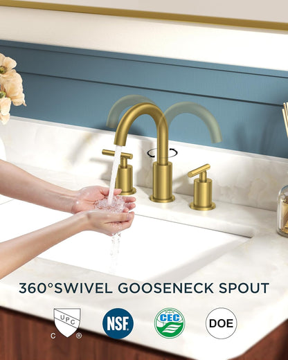 FORIOUS 8 Inch Widespread Brushed Gold Bathroom Faucet 3 Hole, 2 Handle Gold Sink Faucet Bathroom Vanity with 360 Degree Swivel Spout, with Metal Pop Up Drain and cUPC Supply Line, for 6 to 12 In Sink