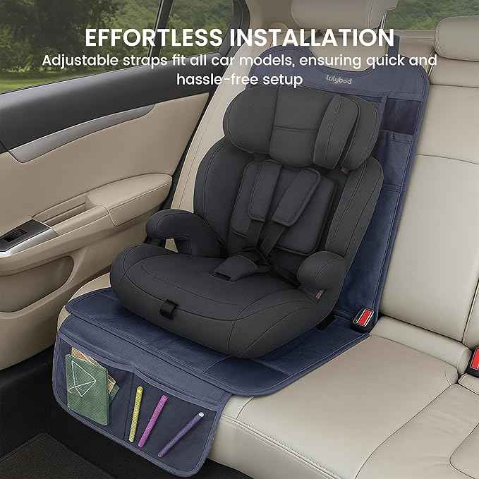 Lulyboo Car Seat Protector & Organizer for Baby - Denim Kick Mat with Extra Storage, Built-in Tablet Holder, Back & Front Facing Shield, Compatible with All Vehicles, Leakproof & Easy to Install