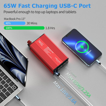 FOVAL 600W Power Inverter 12V DC to 110V AC Car Plug Adapter Outlet Converter with [65W PD USB-C] & [18W QC USB-A] Fast Charging Ports and 2 AC Outlets Car Power Inverter for Laptop Computer