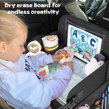 MENZOKE Kids Travel Tray, Road Trip Activities for Kids with Dry Erase Board & Cooler Cup Holder, Toddler Car Activities with No-Drop iPad Holder Stand, Roadtrip Essentials for Toddlers, Black