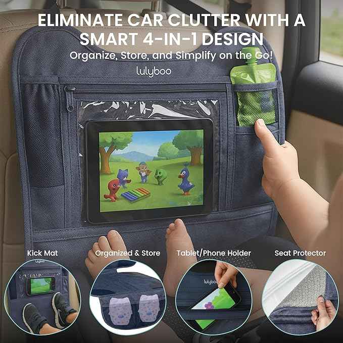 Lulyboo Car Seat Protector & Organizer for Baby - Denim Kick Mat with Extra Storage, Built-in Tablet Holder, Back & Front Facing Shield, Compatible with All Vehicles, Leakproof & Easy to Install