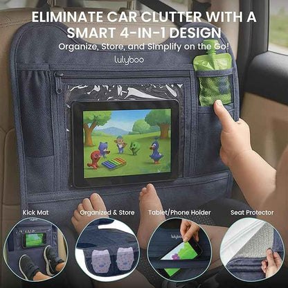 Lulyboo Car Seat Protector & Organizer for Baby - Denim Kick Mat with Extra Storage, Built-in Tablet Holder, Back & Front Facing Shield, Compatible with All Vehicles, Leakproof & Easy to Install