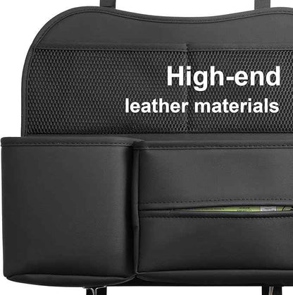 Leather Car Seat Back Organizer with Tissue Holder, Water Bottle Holder, Phone Holder for Road Trips. (Black)
