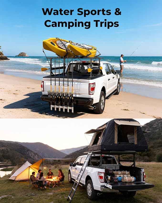 Extendable Aluminum Truck Ladder Rack Fit for Ford F150, RAM, Chevy Silverado, Works with T-Slot Tonneau Covers, 800 lbs Capacity Pickup Bed Rack for Kayak, Surfboard, Ladder Transport