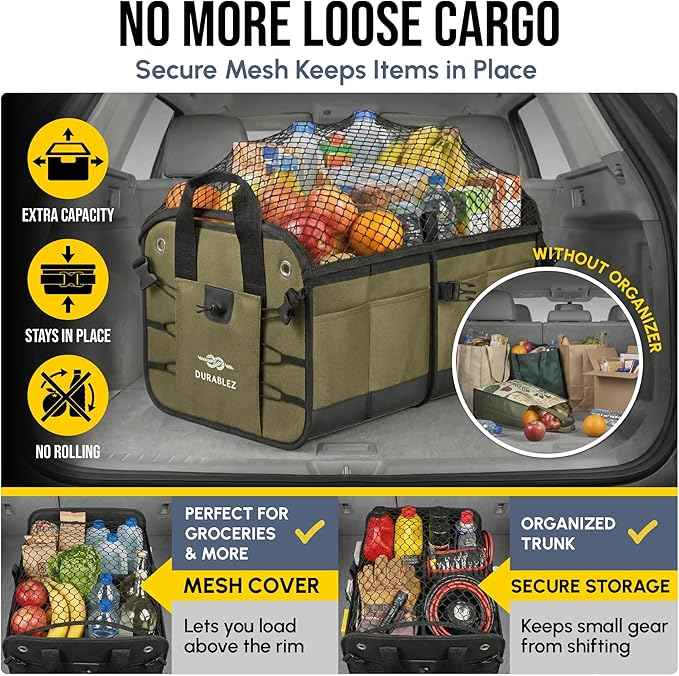 4-Section Extra Large Trunk Organizer – Heavy Duty 1680D, Collapsible & Foldable Cargo Organizer, Modular Multi-Shape Storage System for SUVs, Trucks, Vans – Green