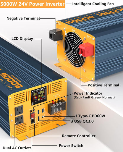 5000 Watt Power Inverter Pure Sine Wave 24V DC to 110V 120V 10000W Peak Heavy Duty Inverter with Remote Control and LED Display, 4 USB/Type-C Ports & 2 AC Outlets Car Charger for Vehicles RV
