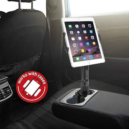 Macally Cup Holder Tablet Mount - Heavy Duty iPad Cup Holder Car Mount Stand or Tablet Holder for Car, Truck, and Vehicle - Fits Devices 3.5" - 8” Wide with Case - Adjustable iPad Holder for Car